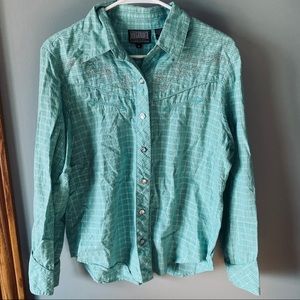 Roughrider teal embellished button down shirt